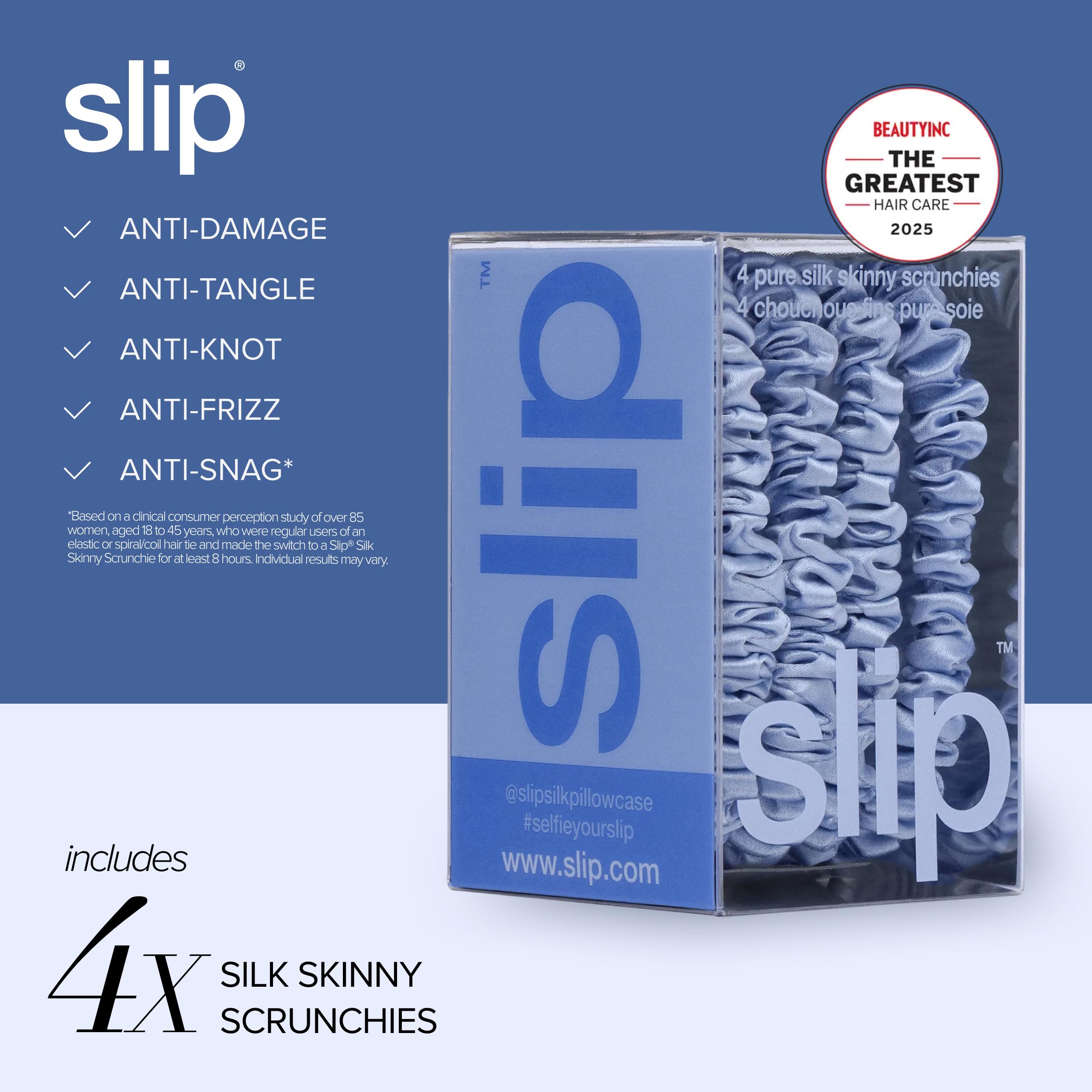 SLIP scrunchie holding a sleek ponytail showing anti-crease benefit