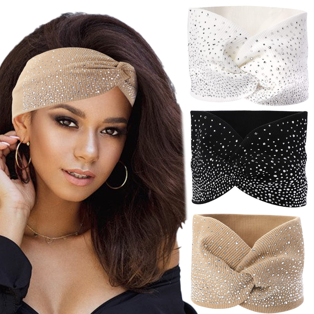 Sliverdew front view of three rhinestone headbands showing colors and packaging benefit