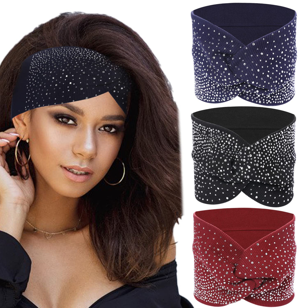 Sliverdew front view of three-pack headbands showing colors and packaging benefit convenience