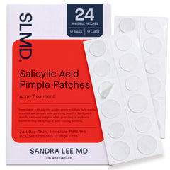 SLMD front pack view showing thin transparent acne patches and clear benefits