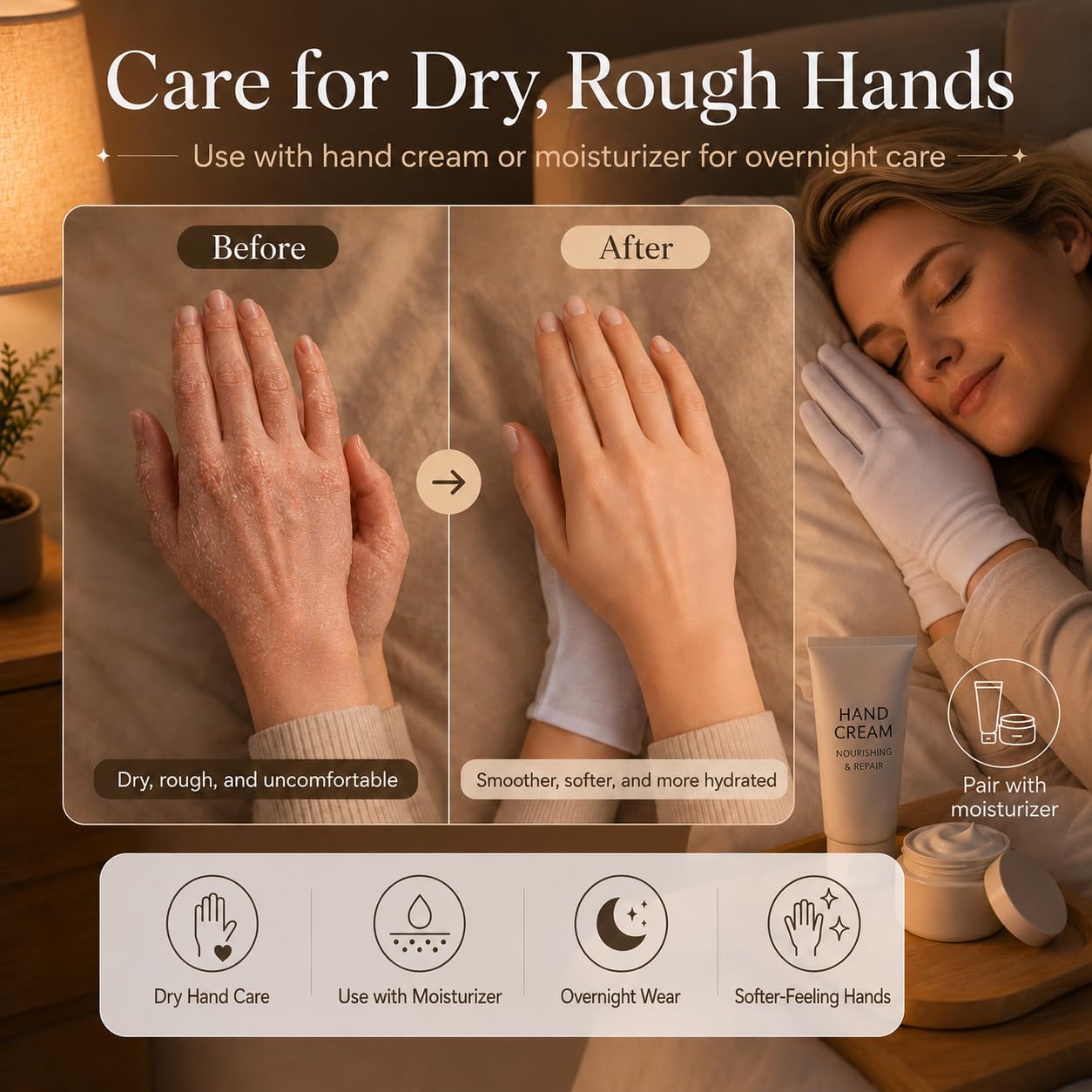 SLWJAXGT gloves worn after applying lotion demonstrating retention and bedding protection