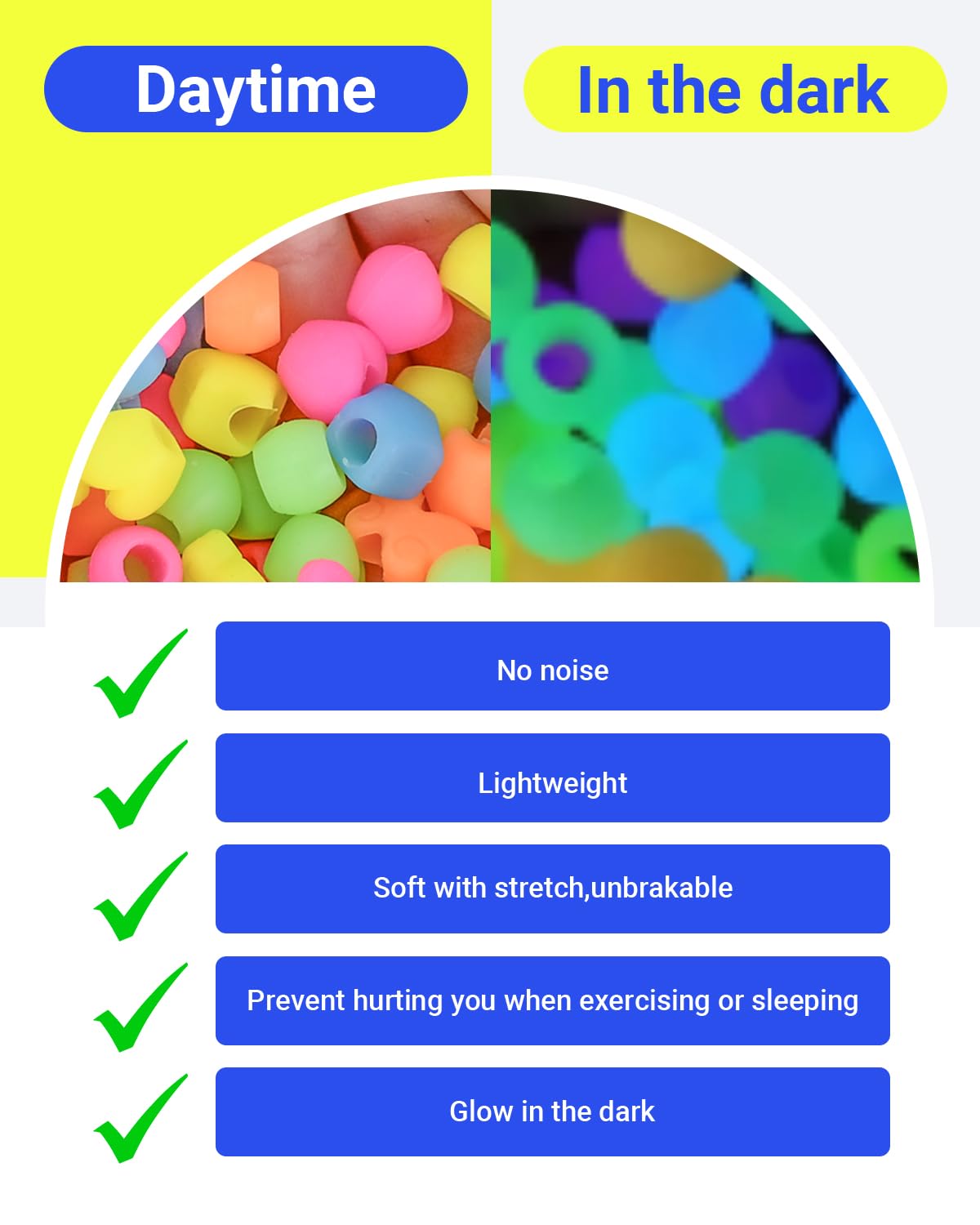 Smefutong glow-in-the-dark beads lighting up in dim room, playful night visibility