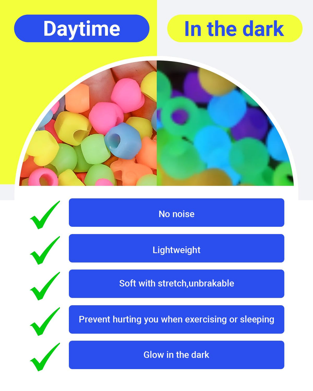 Smefutong glow-in-the-dark beads lighting up in dim room, playful night visibility