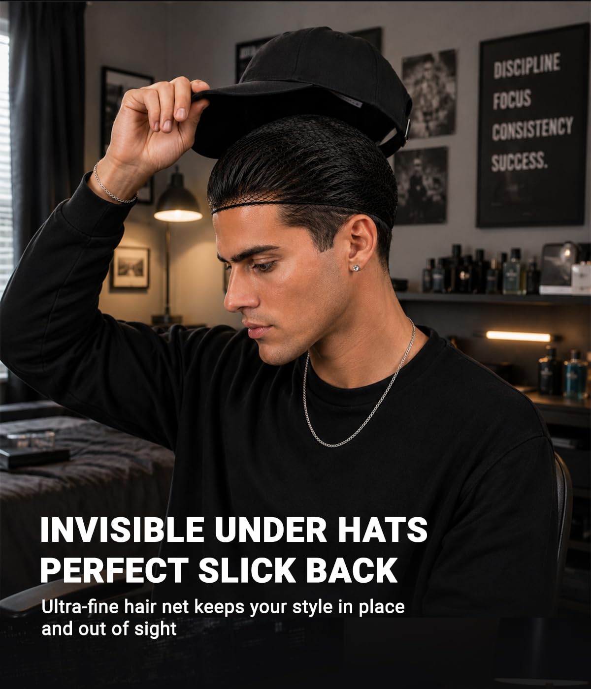 Smilco hair net next to hand demonstrating 22-inch stretch scale