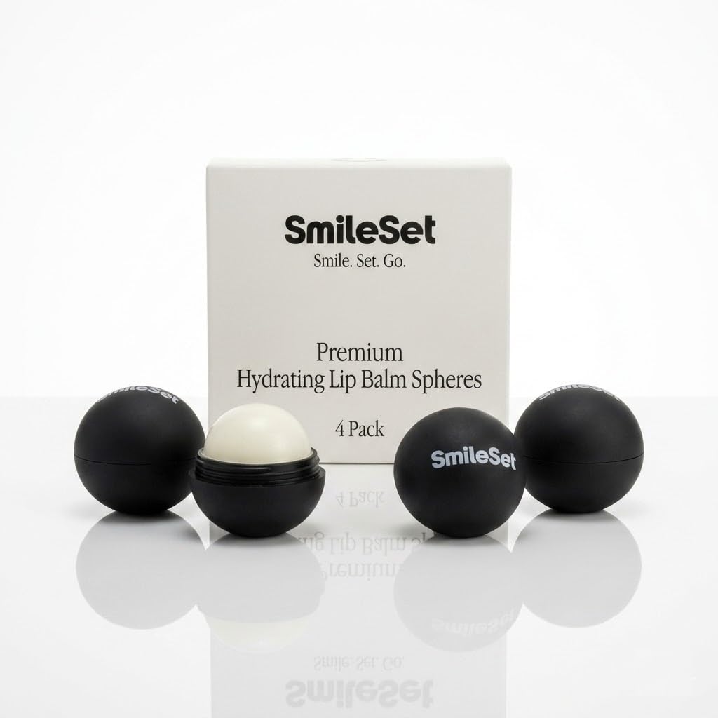 SmileSet sphere front packaging showing four colorful balm containers and clear labeling for quick grab-and-go benefit