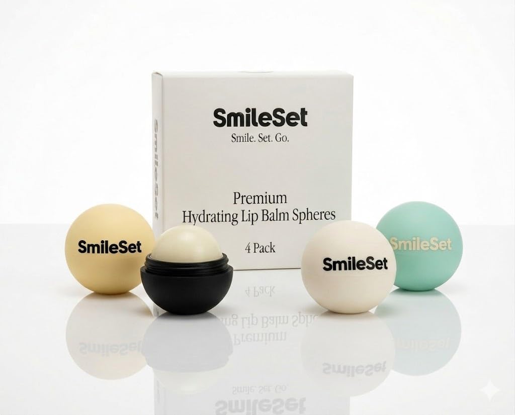 SmileSet front packaging showing four colorful lip balm spheres and convenience