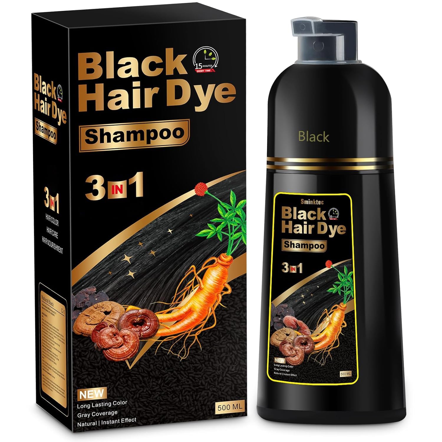 Sminktec front package showing black 3-in-1 shampoo for quick gray coverage