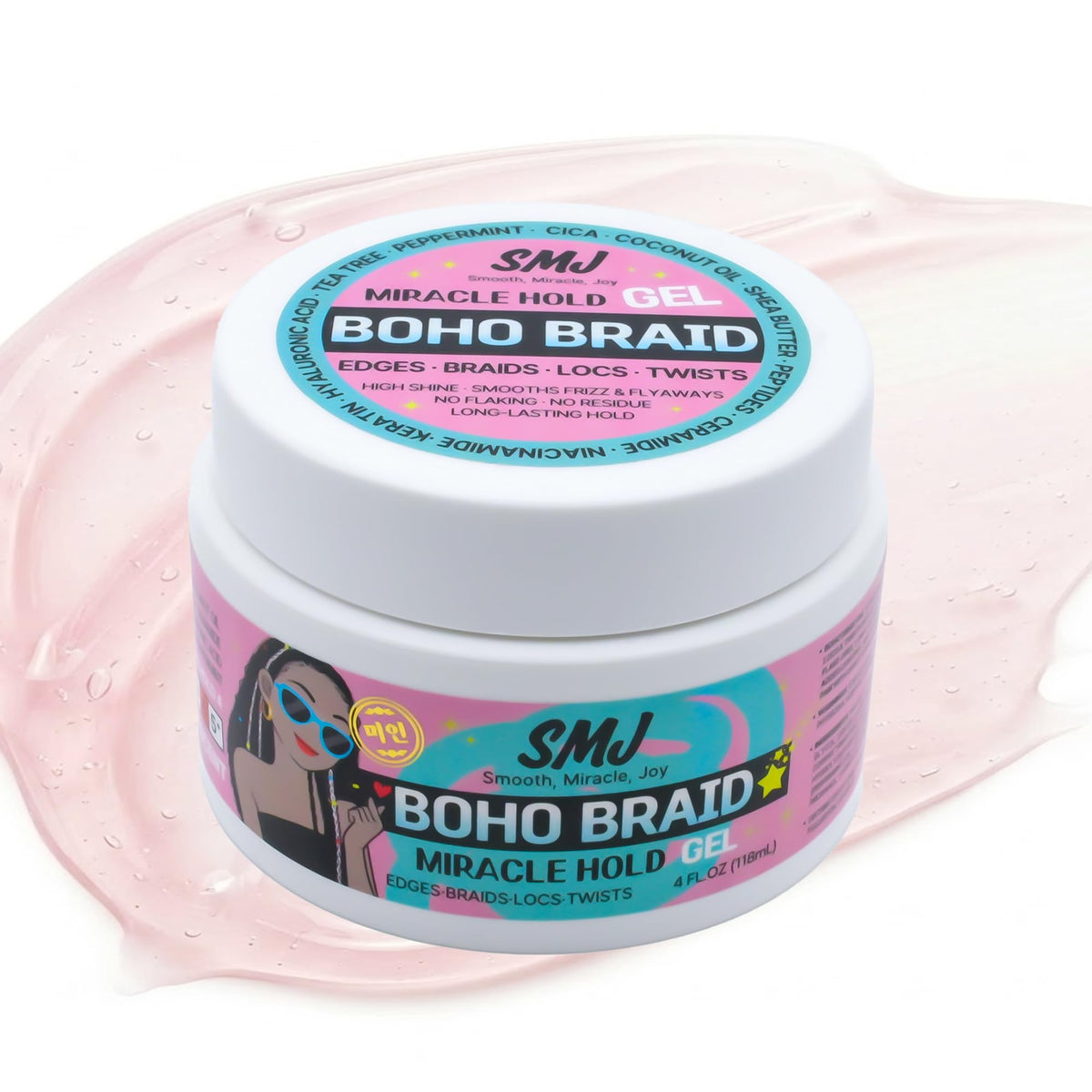 SMJ front packaging showing product and 4 fl oz size with clear benefits
