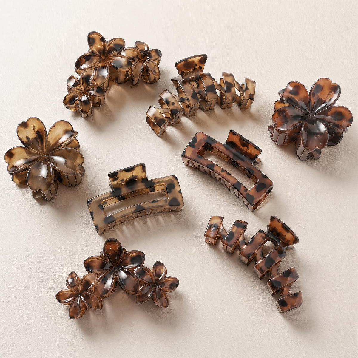 SMKSL front view of tortoise claw clip set showing neutral tones and floral design, practical accessory