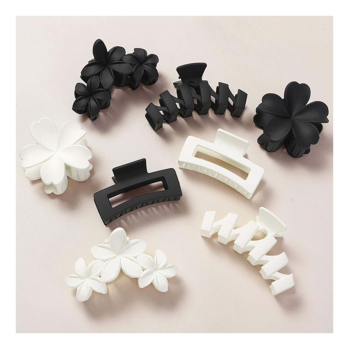 SMKSL front view of eight neutral claw clips showing colors and arrangement, practical set