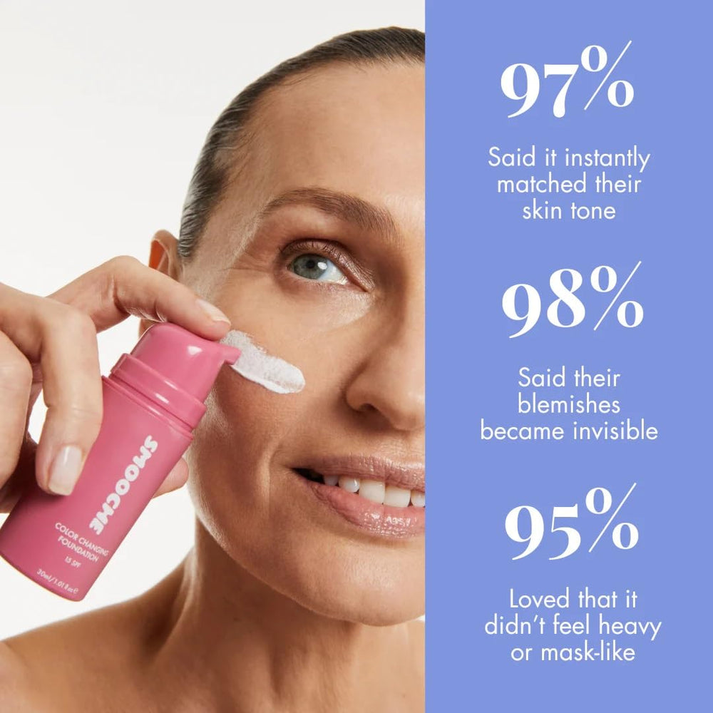 Smooche application with sponge demonstrating buildable, natural finish