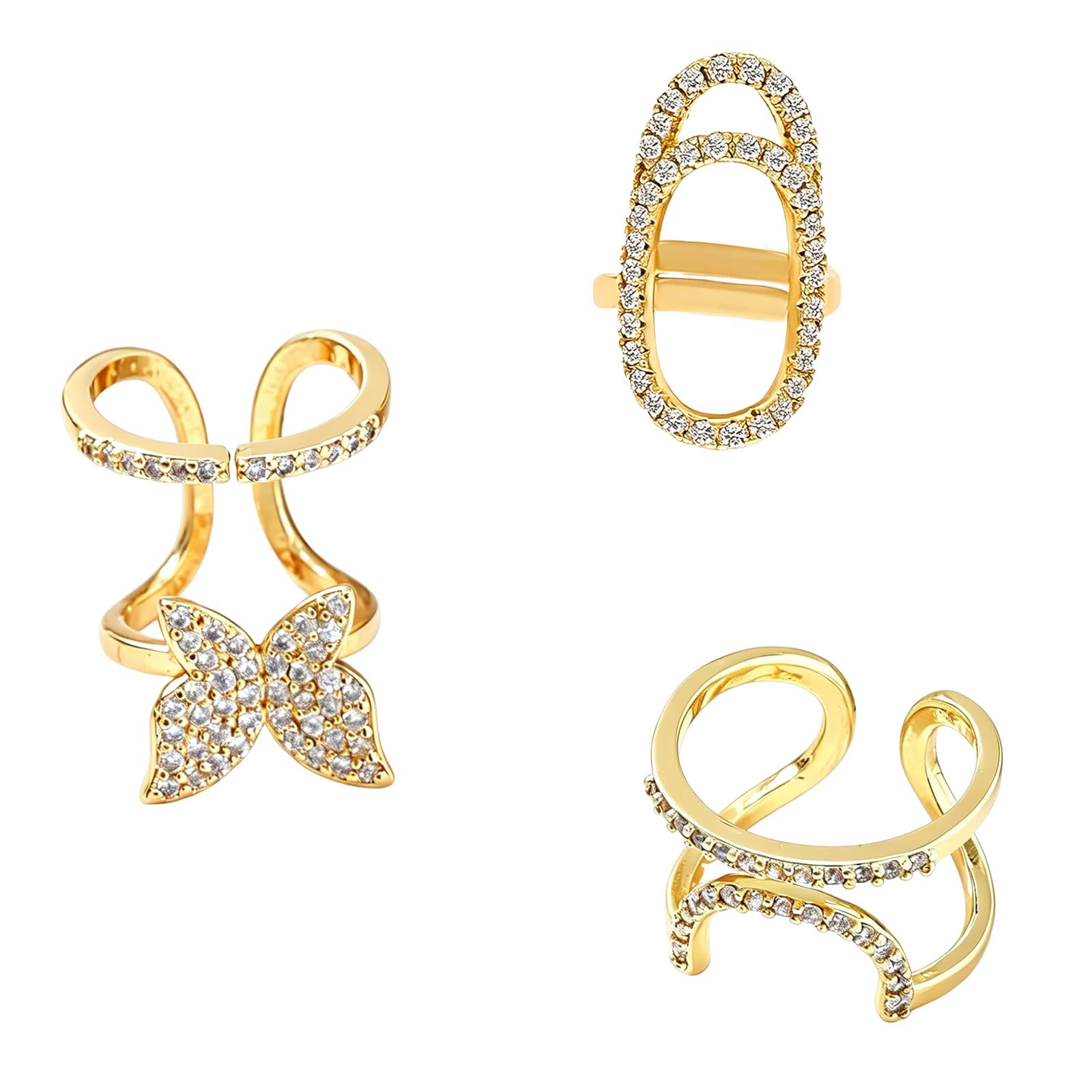 SMUOBT front view of three gold fingertip nail rings showing design and packaging benefit sparkle