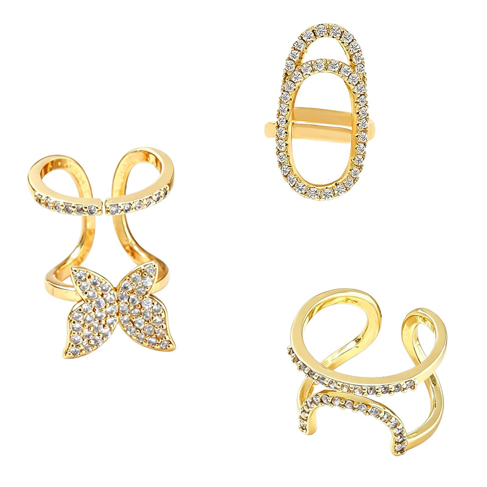 SMUOBT front view of three gold fingertip nail rings showing design and packaging benefit sparkle