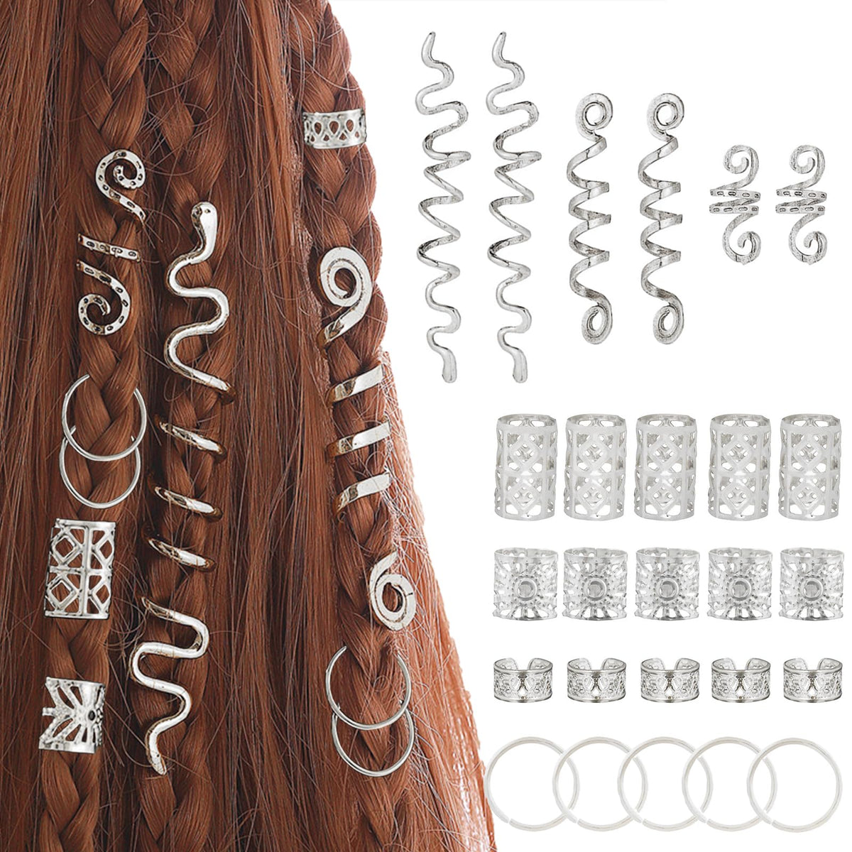 Snmzlc front packaging showing complete 86-piece silver hair bead set and versatility