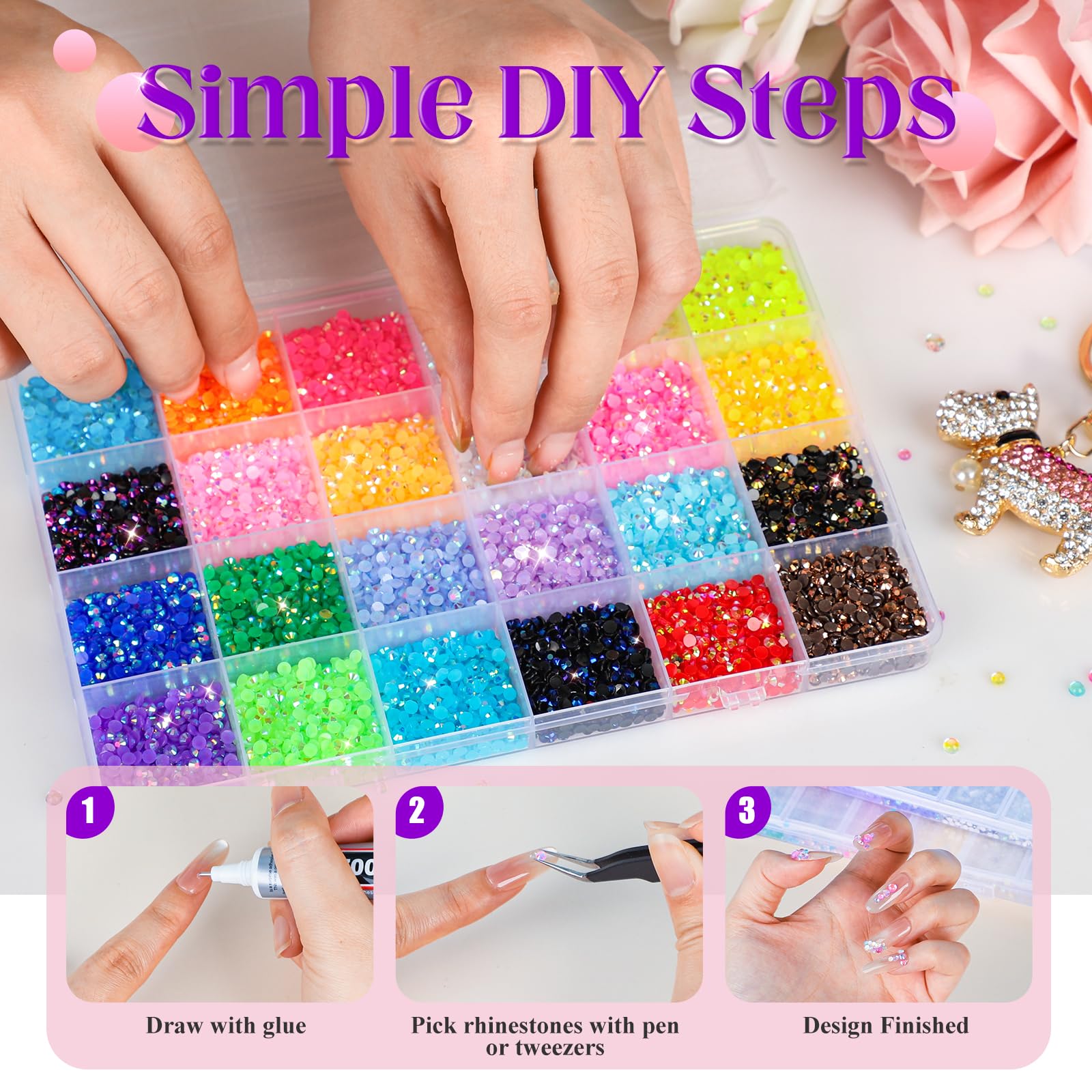 SNUGYOURT nail art application showing tiny rhinestones being placed for professional detail