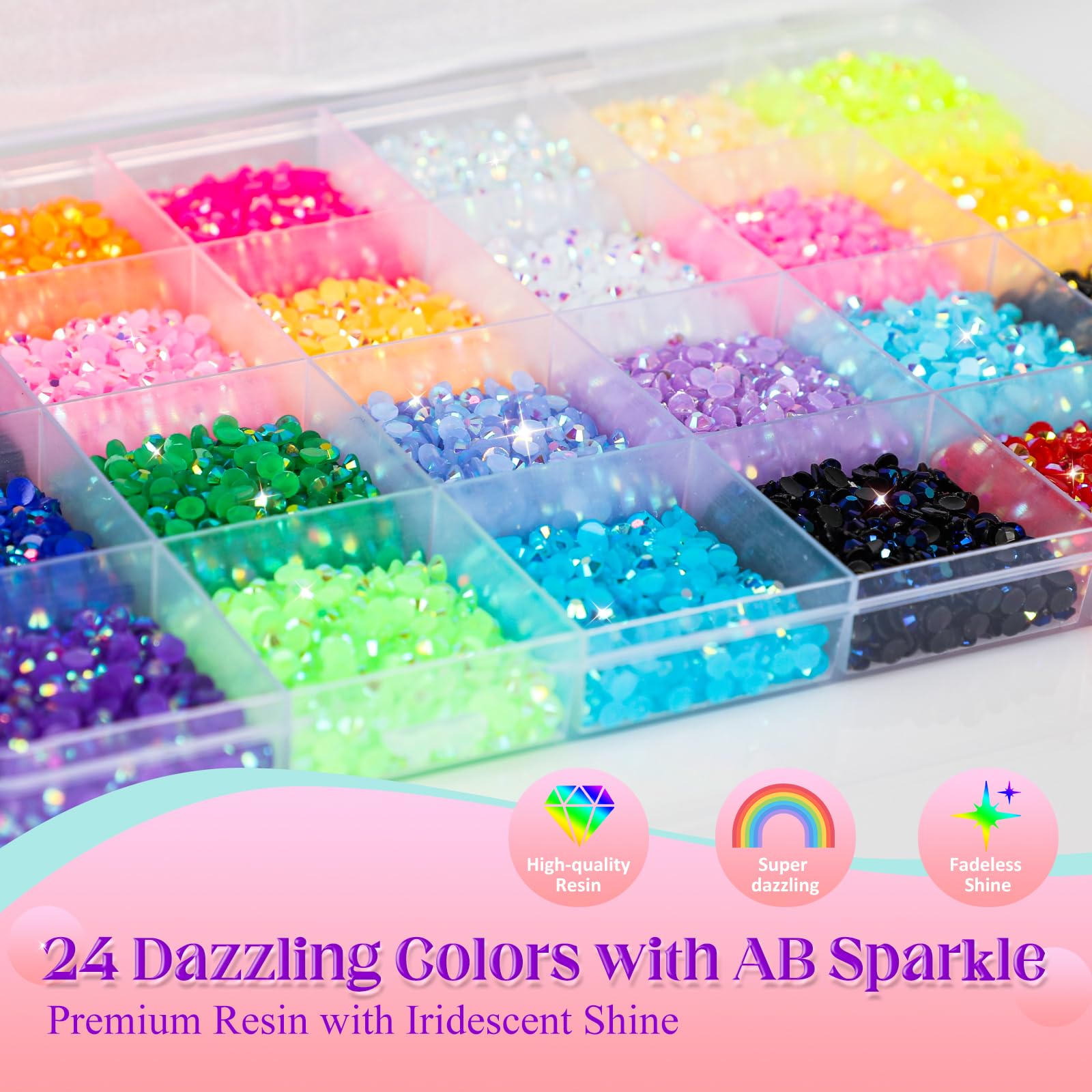 SNUGYOURT close-up of 3mm AB-coated resin rhinestones highlighting sparkle and facet detail
