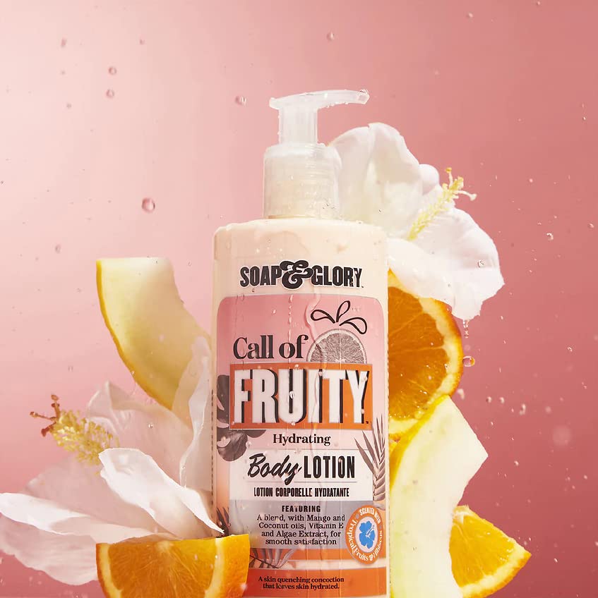 Soap & Glory open cap with lotion pouring to show creamy consistency and quick spreadability