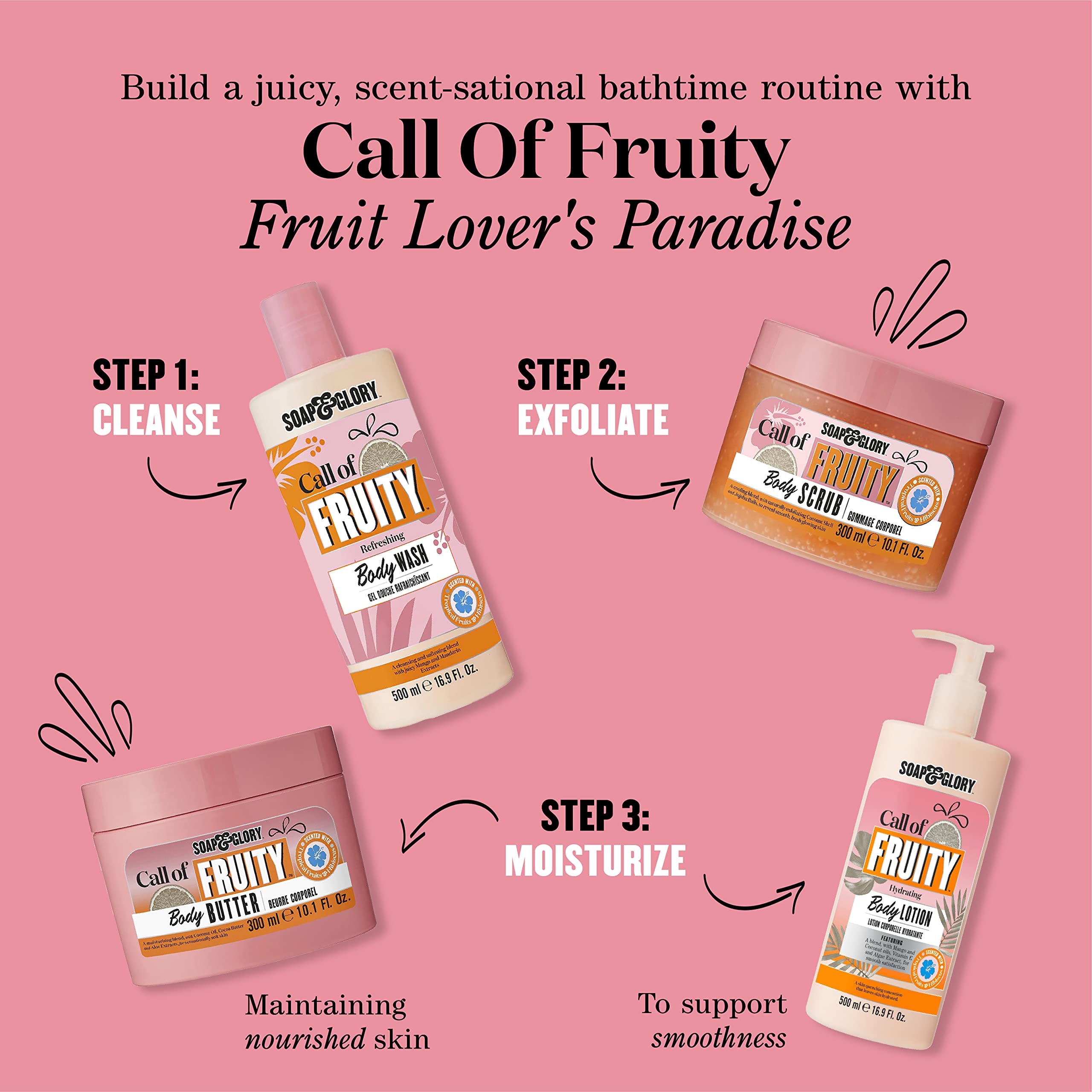 Soap & Glory lifestyle shot on a towel evoking tropical, relaxed skin feel