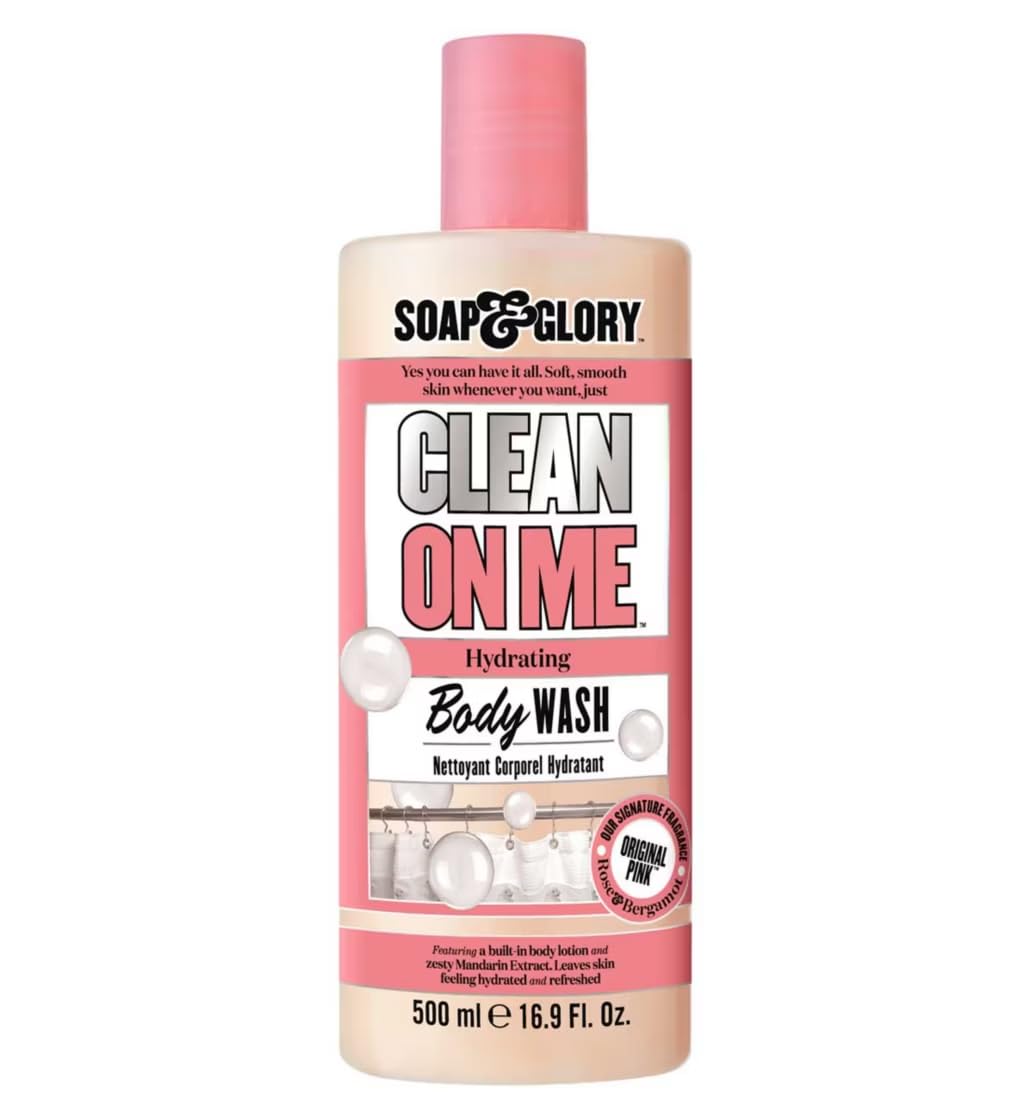 Soap & Glory front packaging showing 500 ml bottle and label benefits