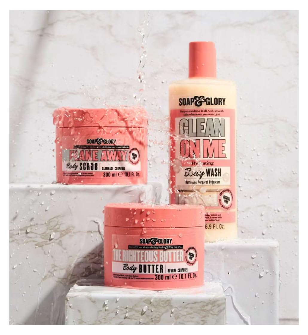 Soap & Glory bottle on bathroom shelf showing everyday use