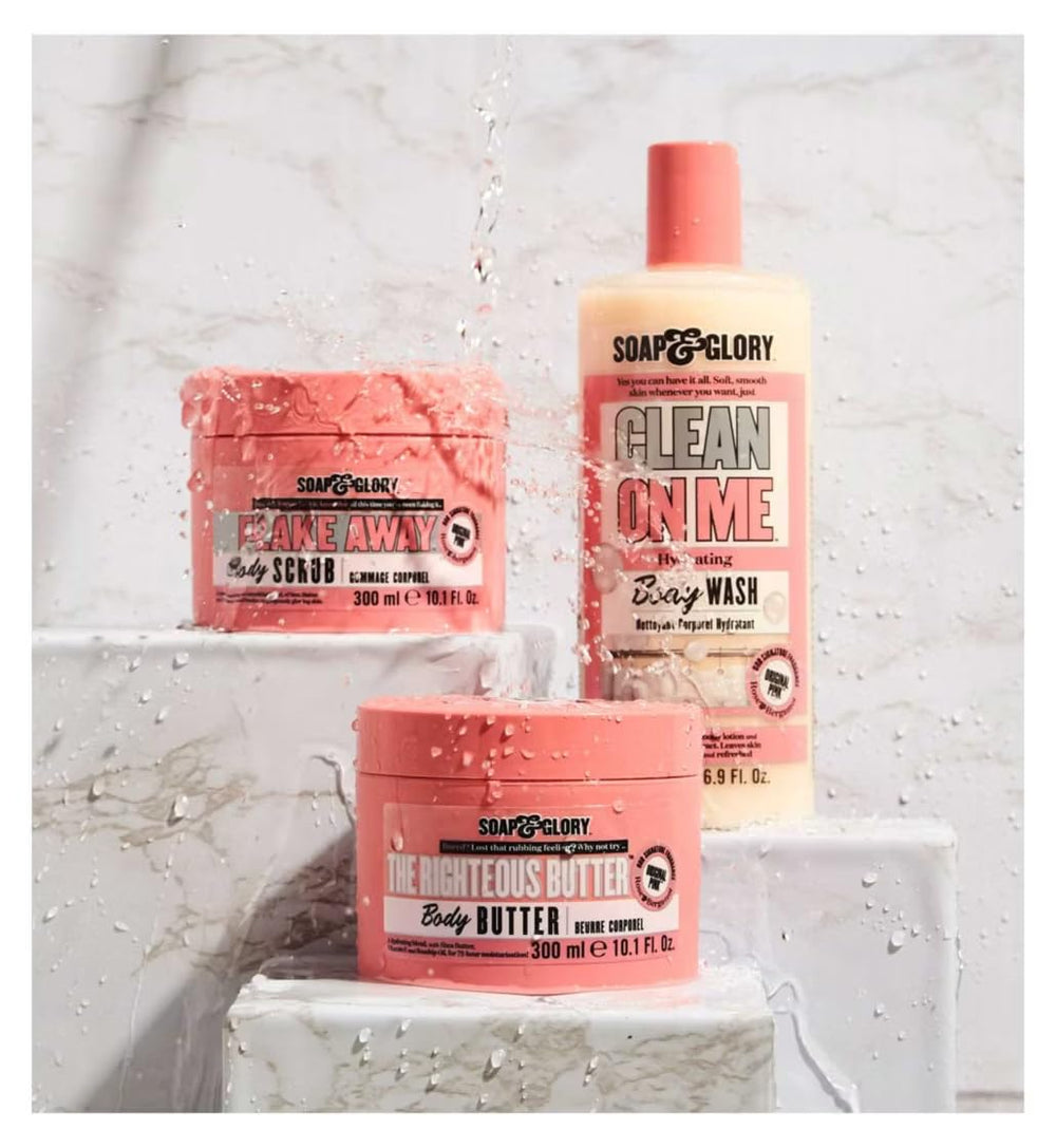 Soap & Glory bottle on bathroom shelf showing everyday use