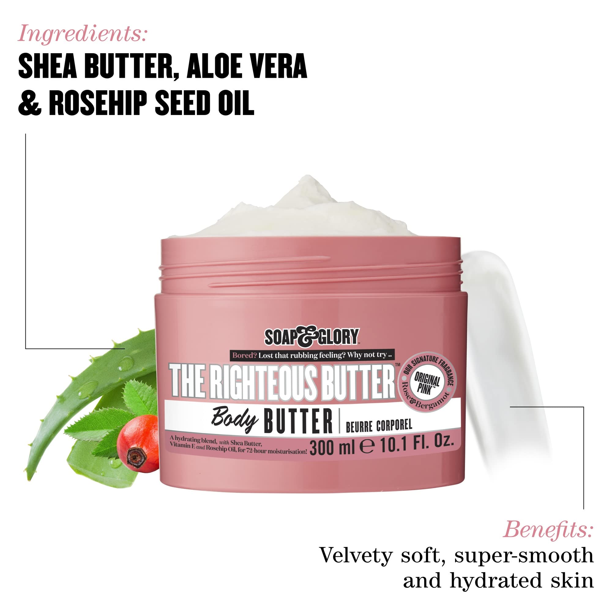 Applying Soap & Glory to elbow showing targeted hydration and softness