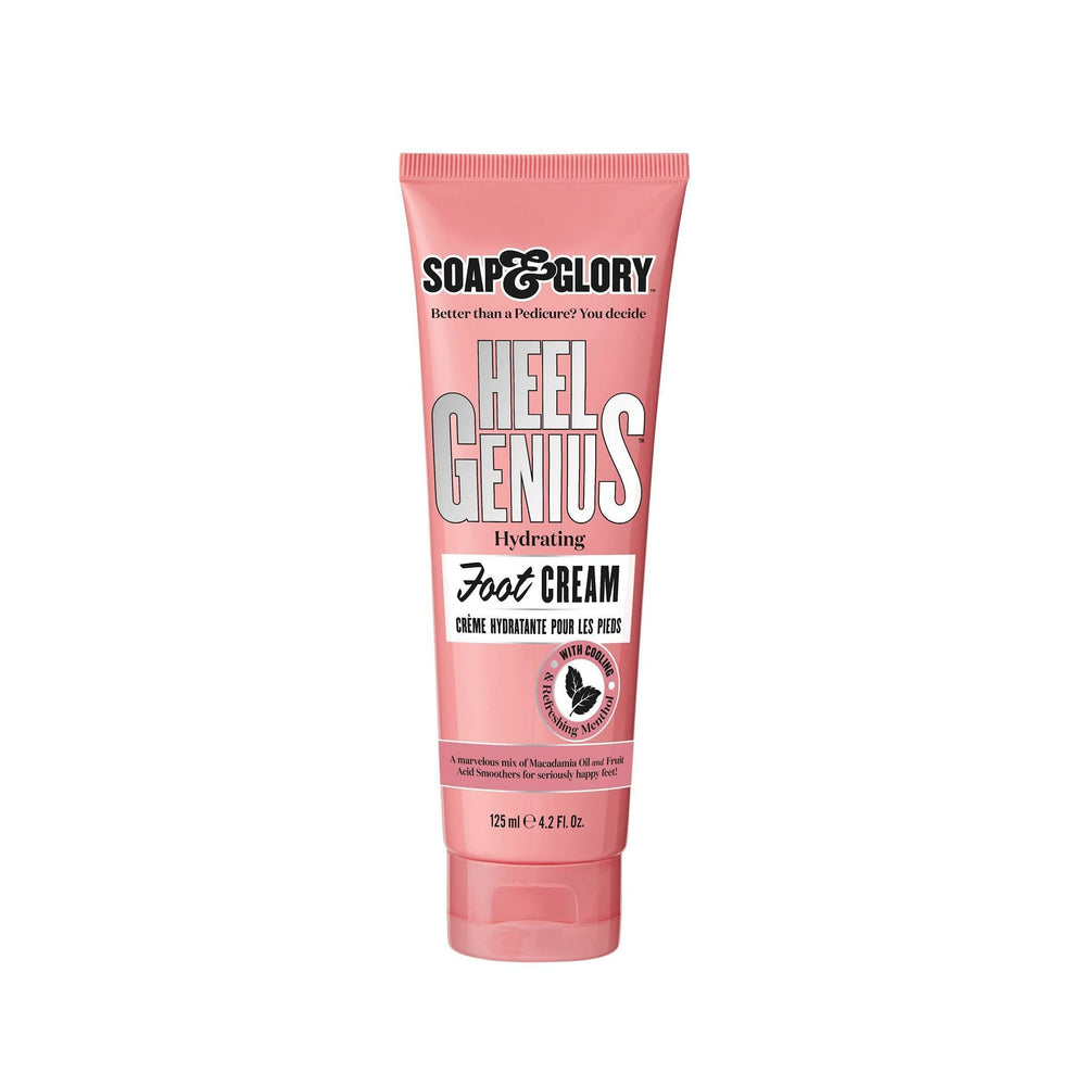 Soap & Glory front jar showing product and clear benefit of moisturized heels