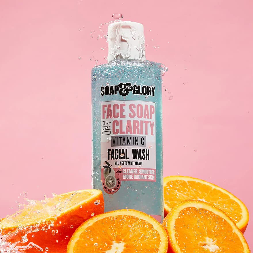 Label detail of Soap & Glory bottle with ingredient callouts, clarifying vitamin C benefit