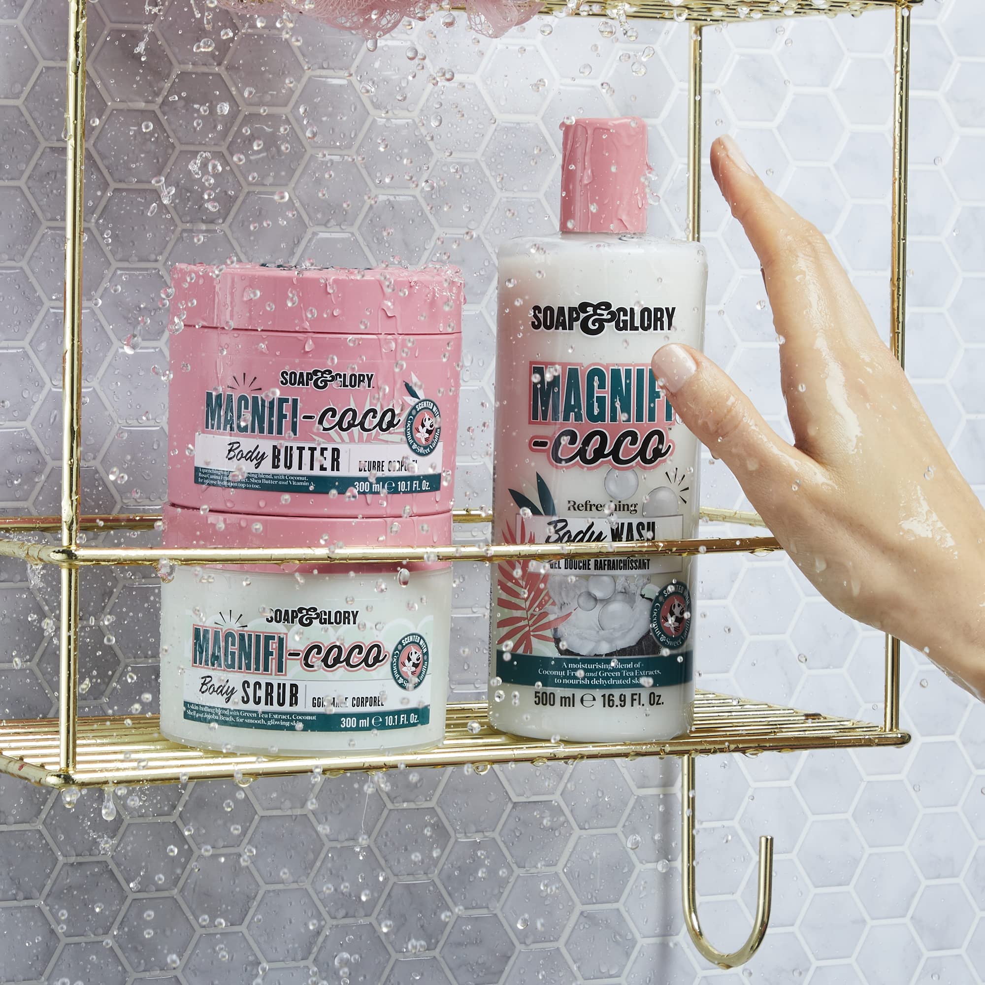 Soap & Glory ingredient flatlay with coconut and shea indicating hydration