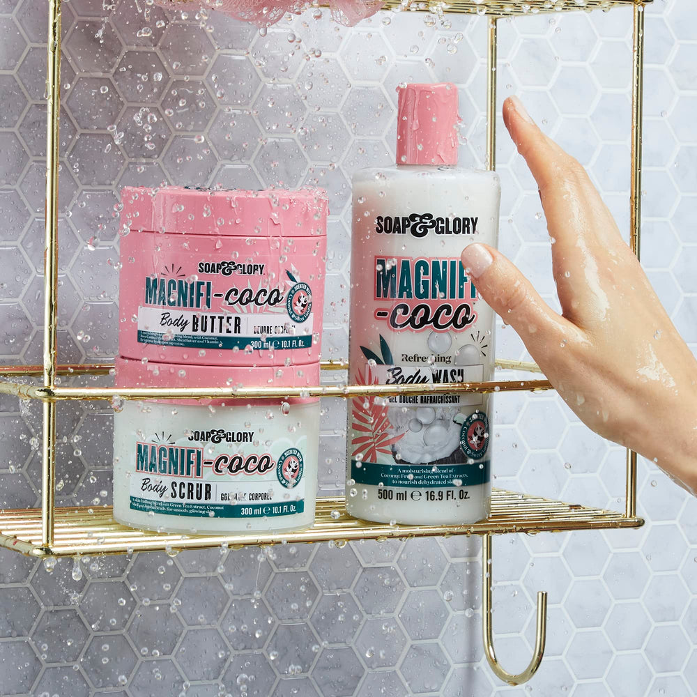 Soap & Glory ingredient flatlay with coconut and shea indicating hydration