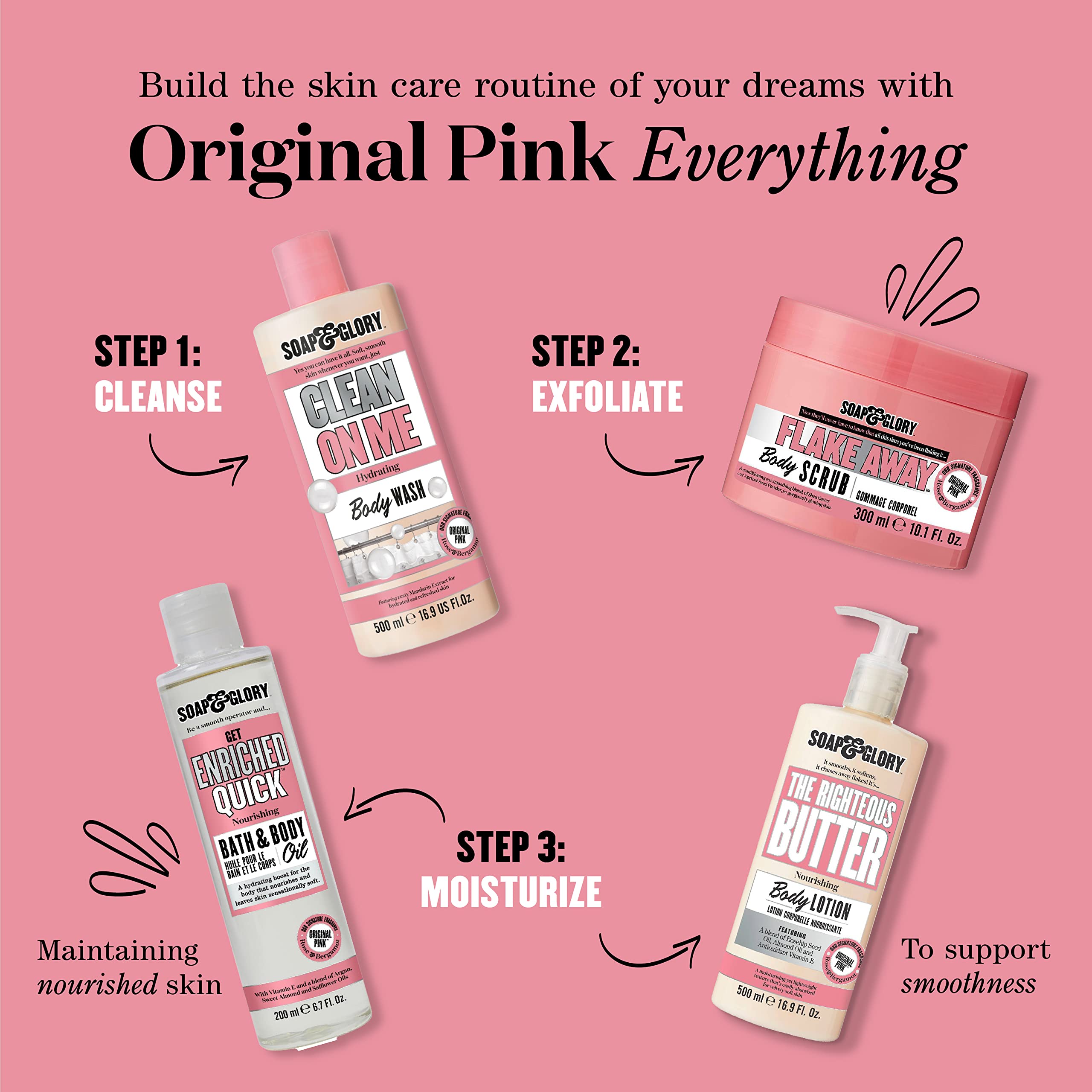 Soap & Glory label close-up listing shea, aloe, vitamin E for nourishing benefit