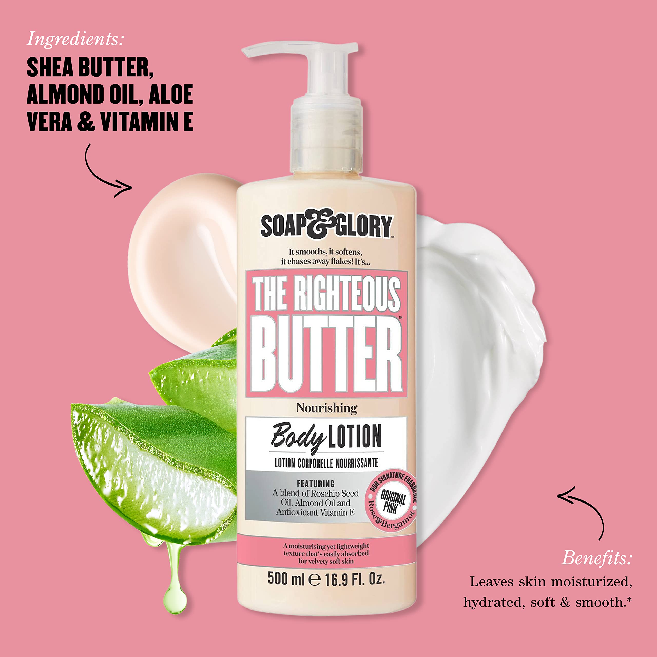 Soap & Glory lotion texture dollop showing smooth, fast-absorbing moisturizing consistency