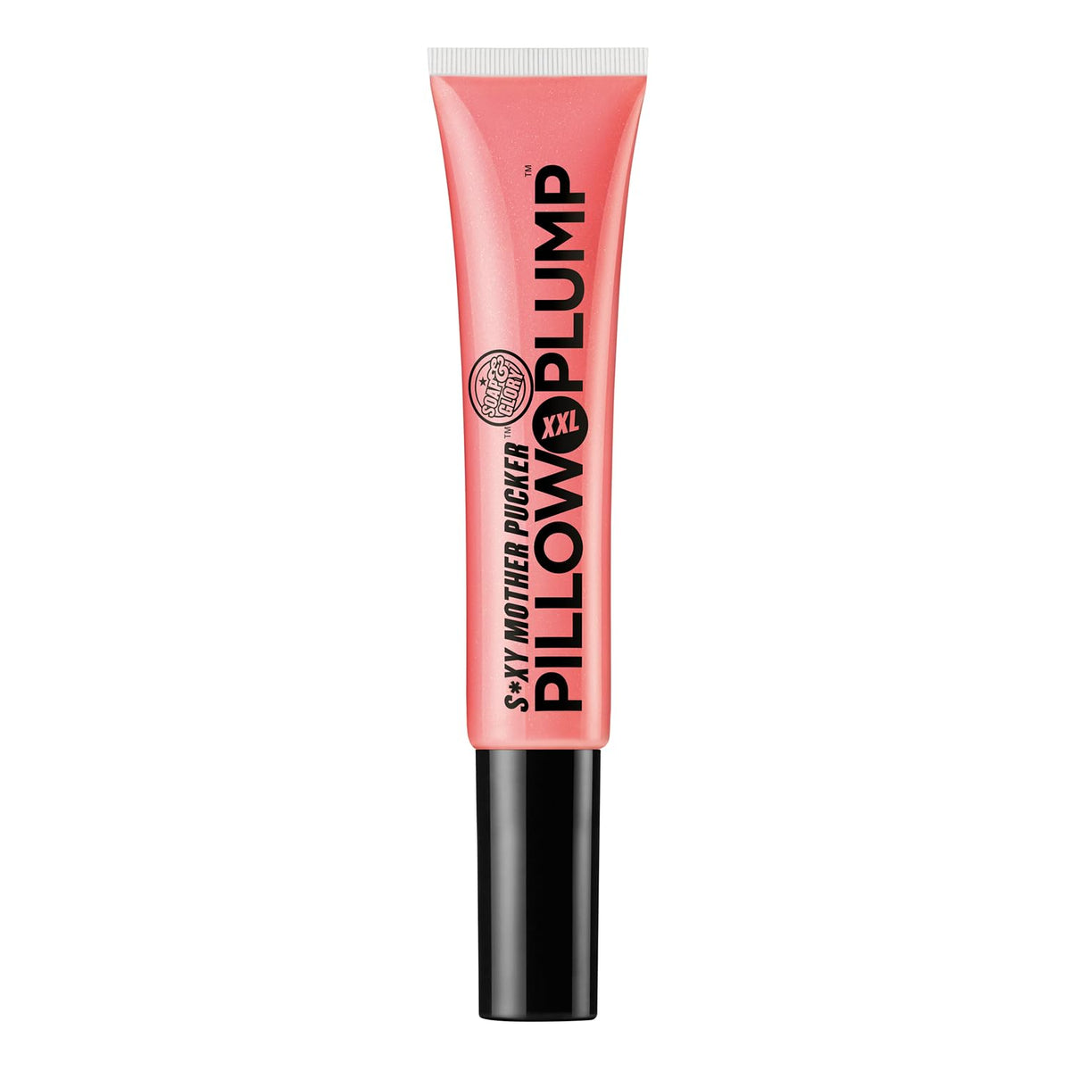 Soap & Glory Pillow Plump front tube showing glossy pink shade and branding benefit: instant shine