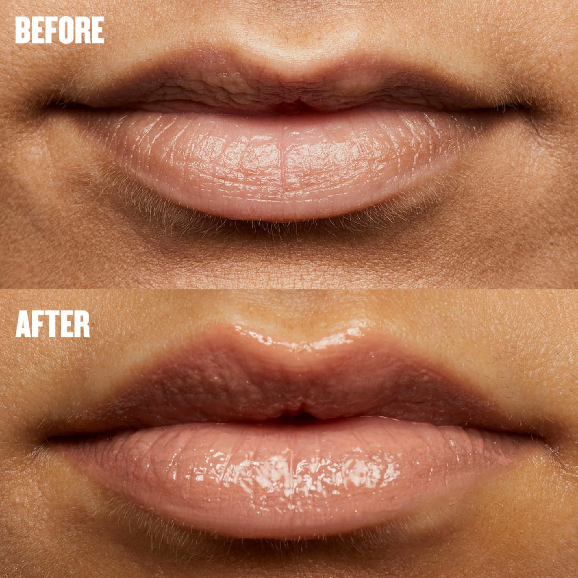 Soap & Glory on-model smile displaying fuller-looking lips and natural tint