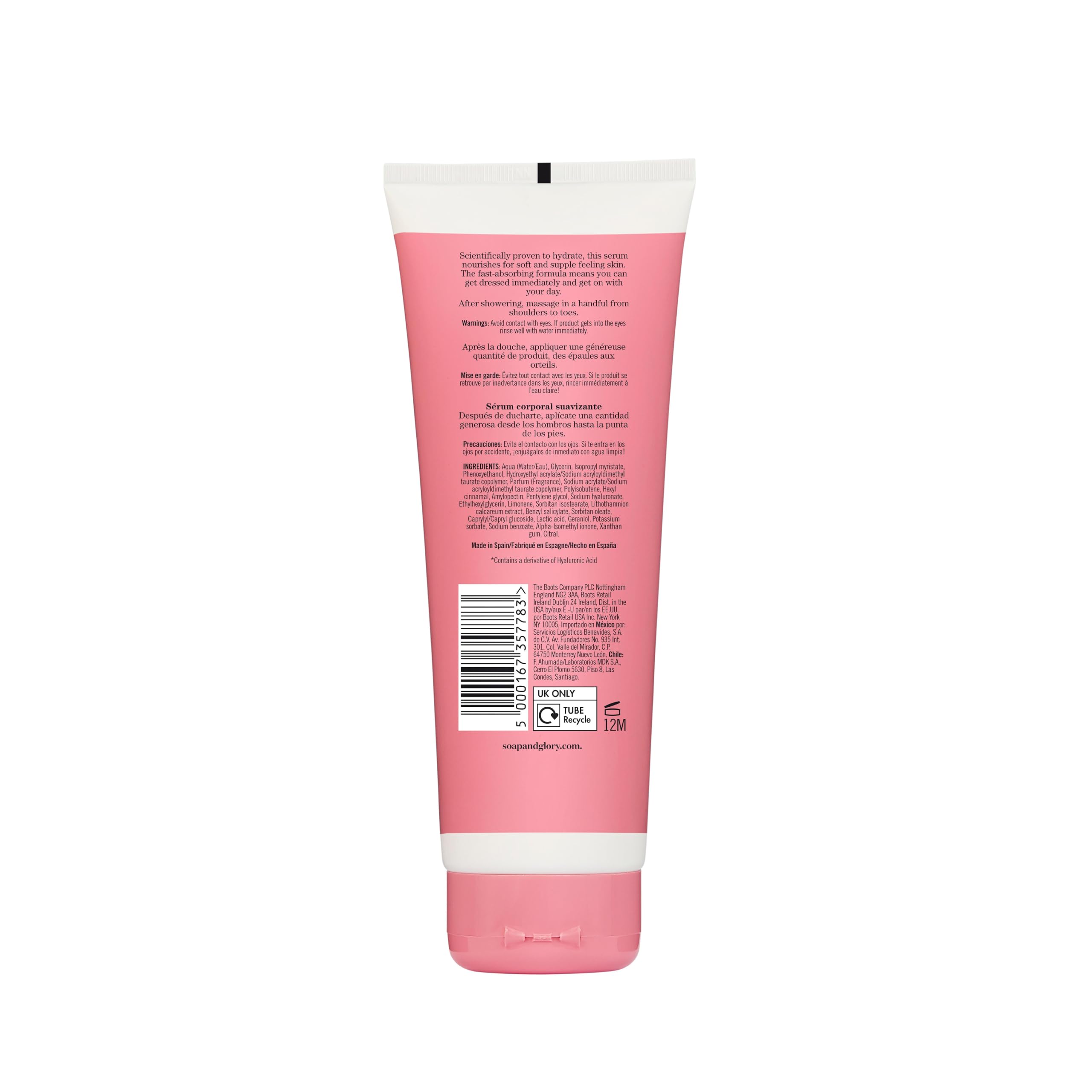 Soap & Glory pump and label close-up highlighting ingredients and claims