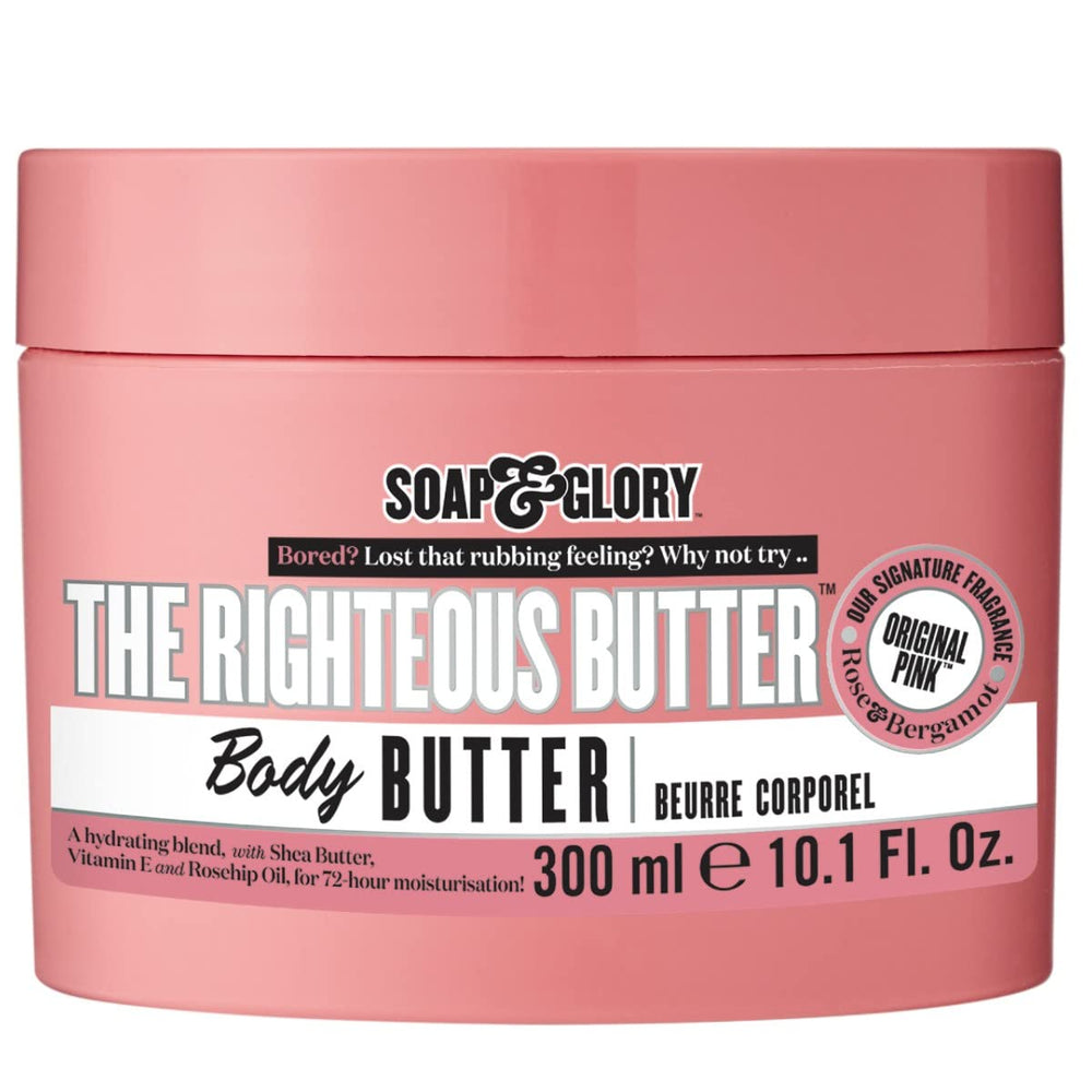 Soap & Glory tub front view showing packaging and rich moisturizer benefit