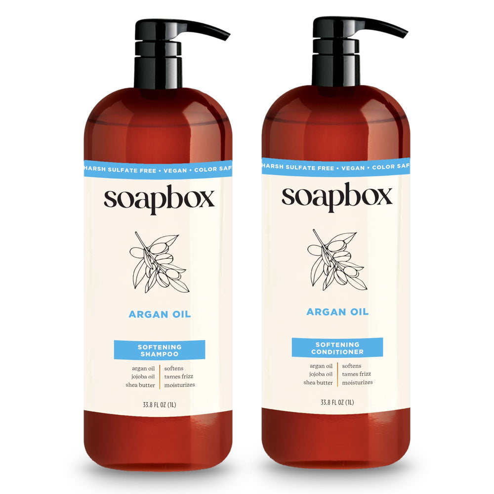 Soapbox shampoo and conditioner front packaging showing 1L bottles and vanilla scent benefit