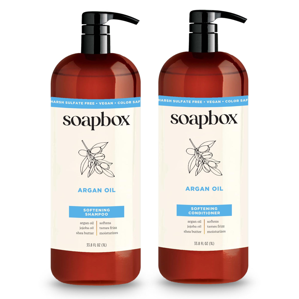 Soapbox shampoo and conditioner front packaging showing 1L bottles and vanilla scent benefit