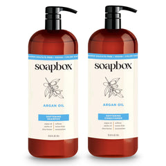 Soapbox shampoo and conditioner front packaging showing 1L bottles and vanilla scent benefit