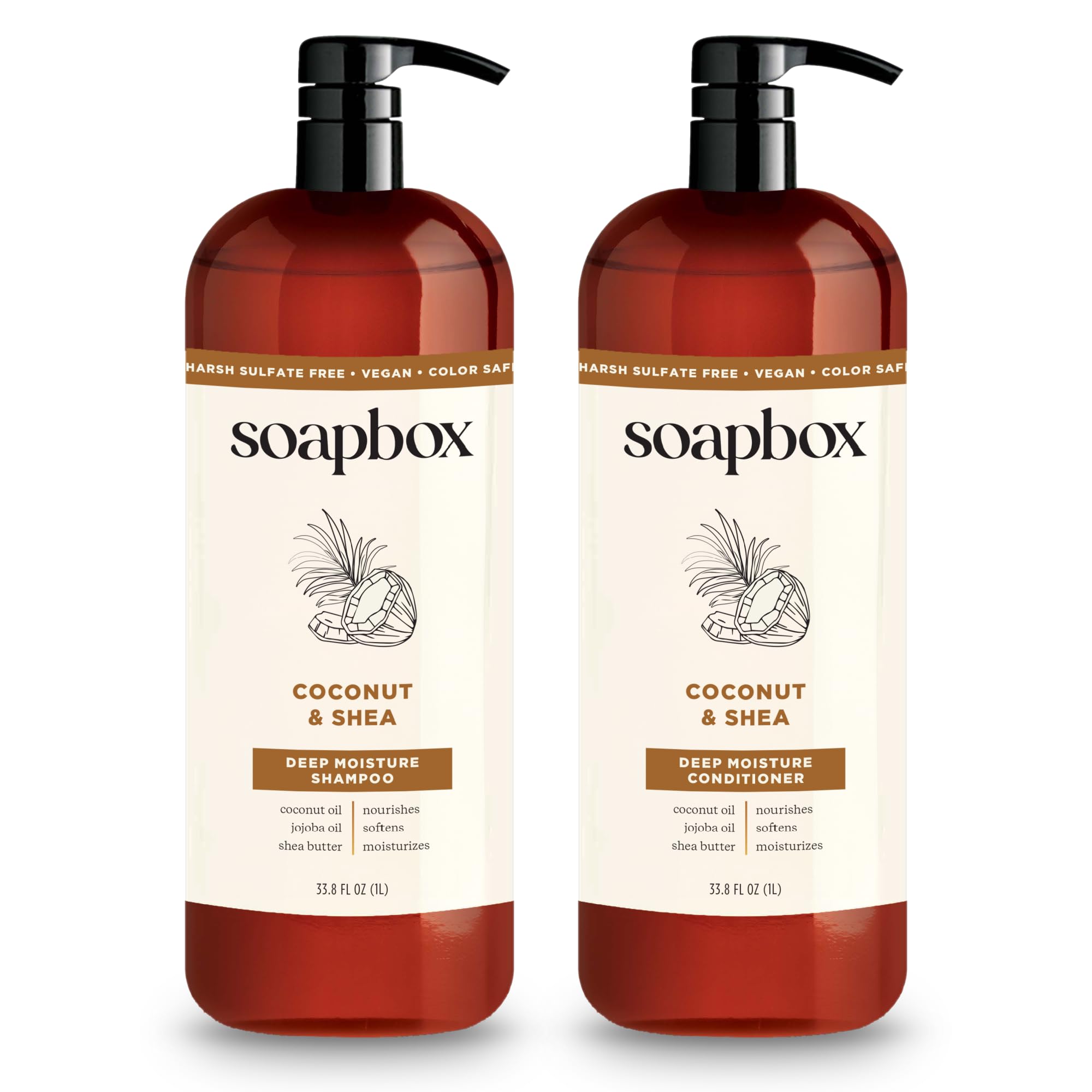 Soapbox front bottles set showing 1L coconut duo for long-lasting hydration