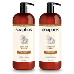 Soapbox front bottles set showing 1L coconut duo for long-lasting hydration