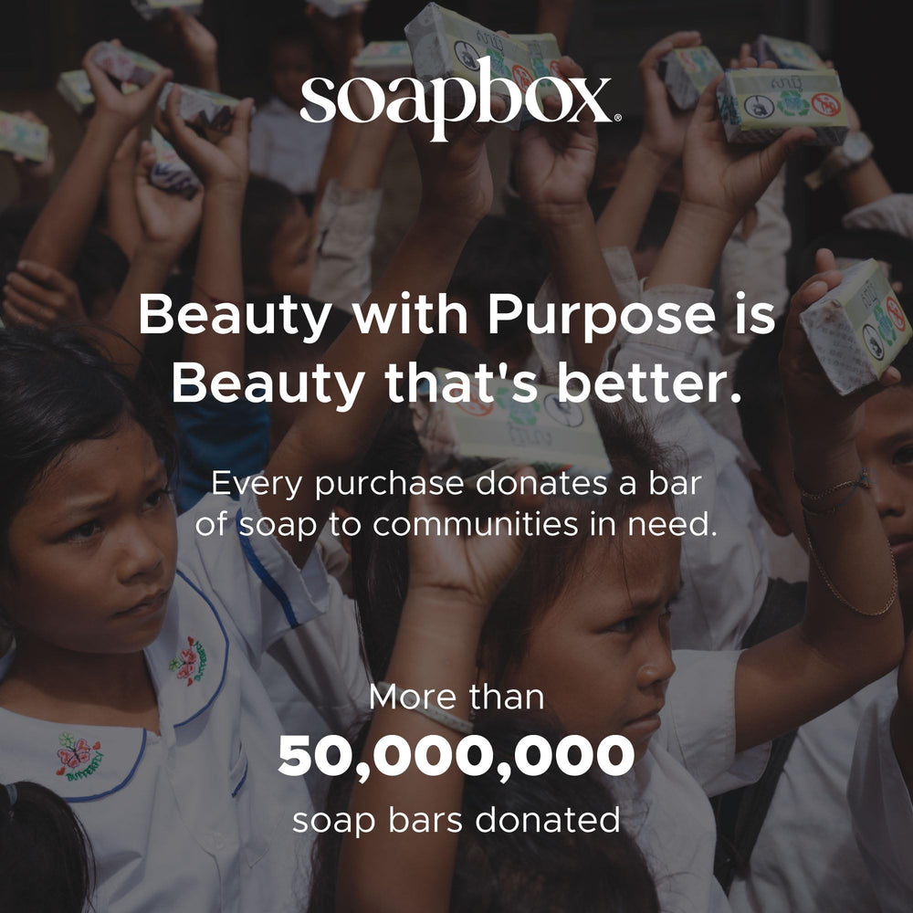 Soapbox bottle staged on vanity to show everyday styling convenience