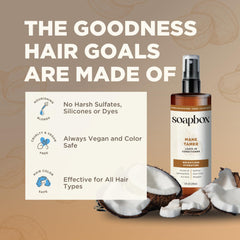 Soapbox Mane Tamer applied to hair mid-lengths for easier combing and less frizz