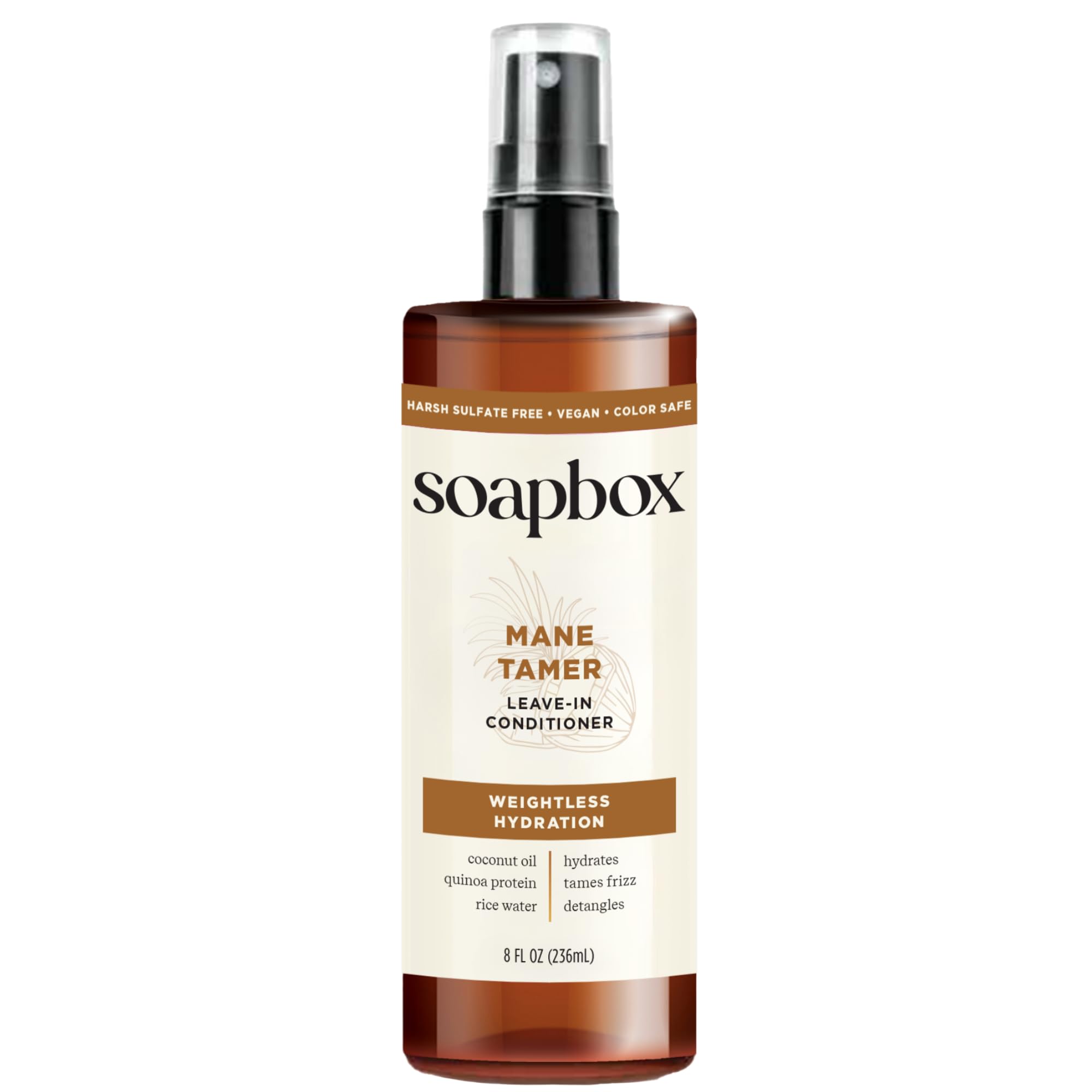 Soapbox Mane Tamer front bottle showing product packaging and size benefit