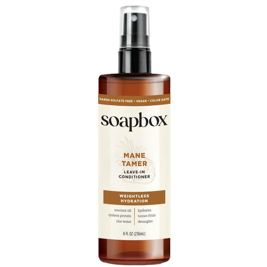 Soapbox Mane Tamer front bottle showing product packaging and size benefit