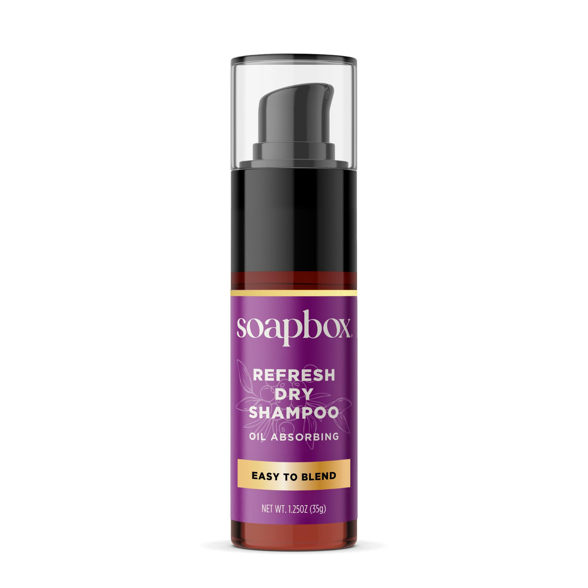 Soapbox front packaging showing 1.25oz dry shampoo, clear brand visibility and compact size