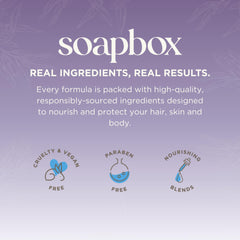 Soapbox product label close-up listing biotin, rice protein, and clean ingredients