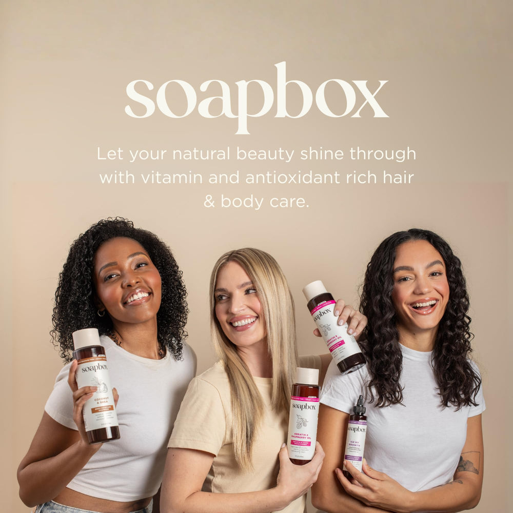 Soapbox on bathroom counter next to styling tools, supports morning styling routine
