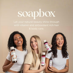 Soapbox on bathroom counter next to styling tools, supports morning styling routine