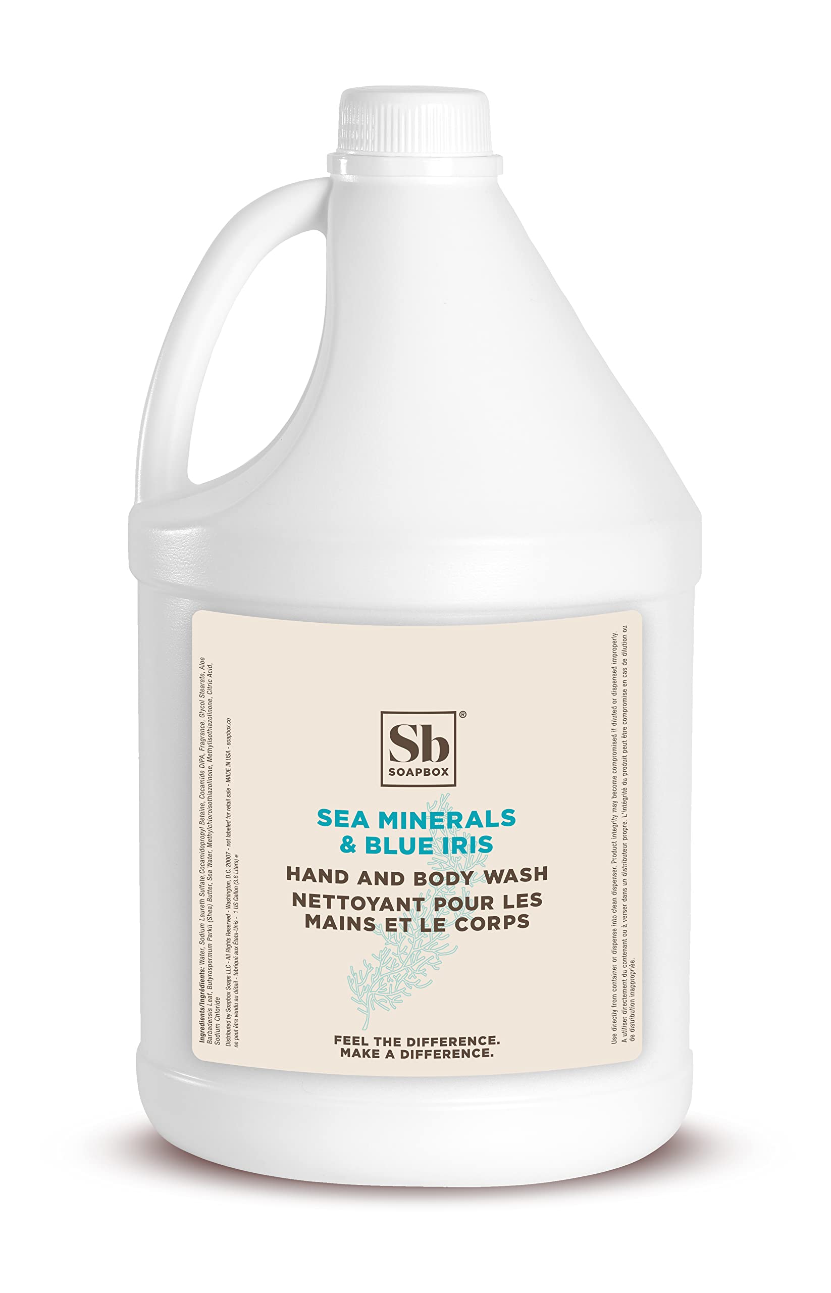 Soapbox front label showing sea minerals and blue iris benefits